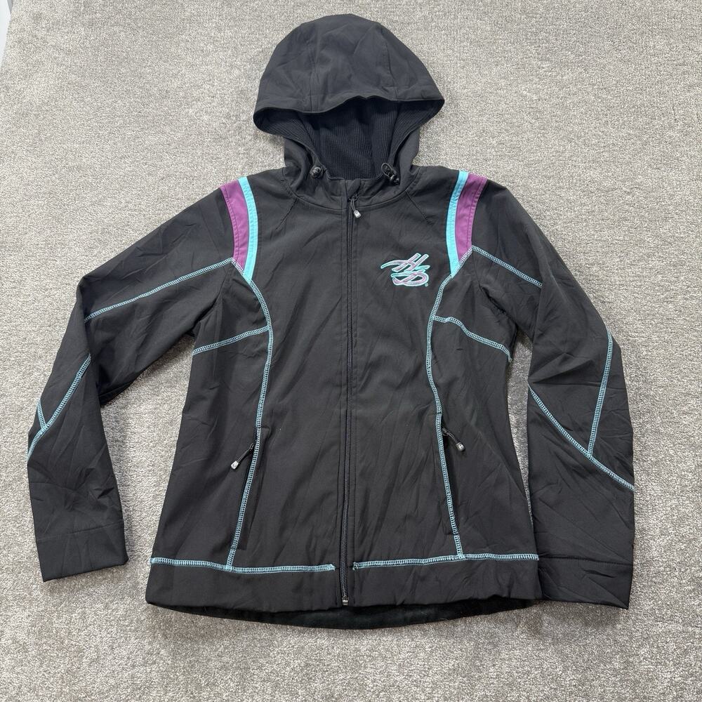 Harley-Davidson Womens Colorblock Soft Shell Jacket M Black Teal Purple Hooded - Picture 5 of 13